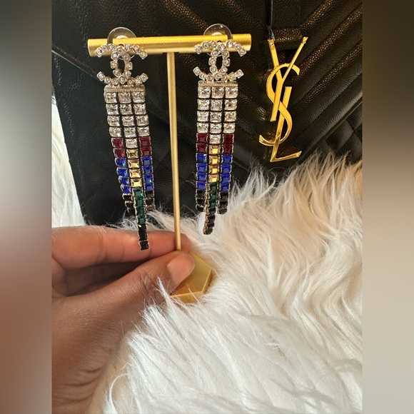 Authentic Chanel CC Drop Earrings Multicolor Crystal Embellished Metal - Picture 3 of 10